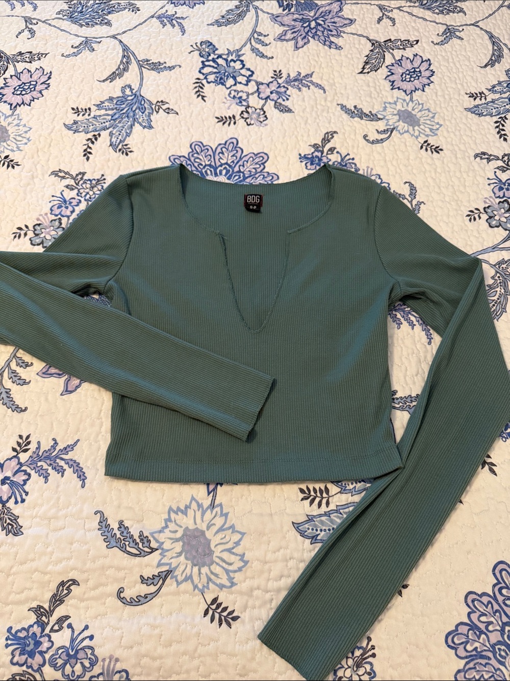 BDG Teal Forest Green Long-Sleeve V-Notch Crop Top